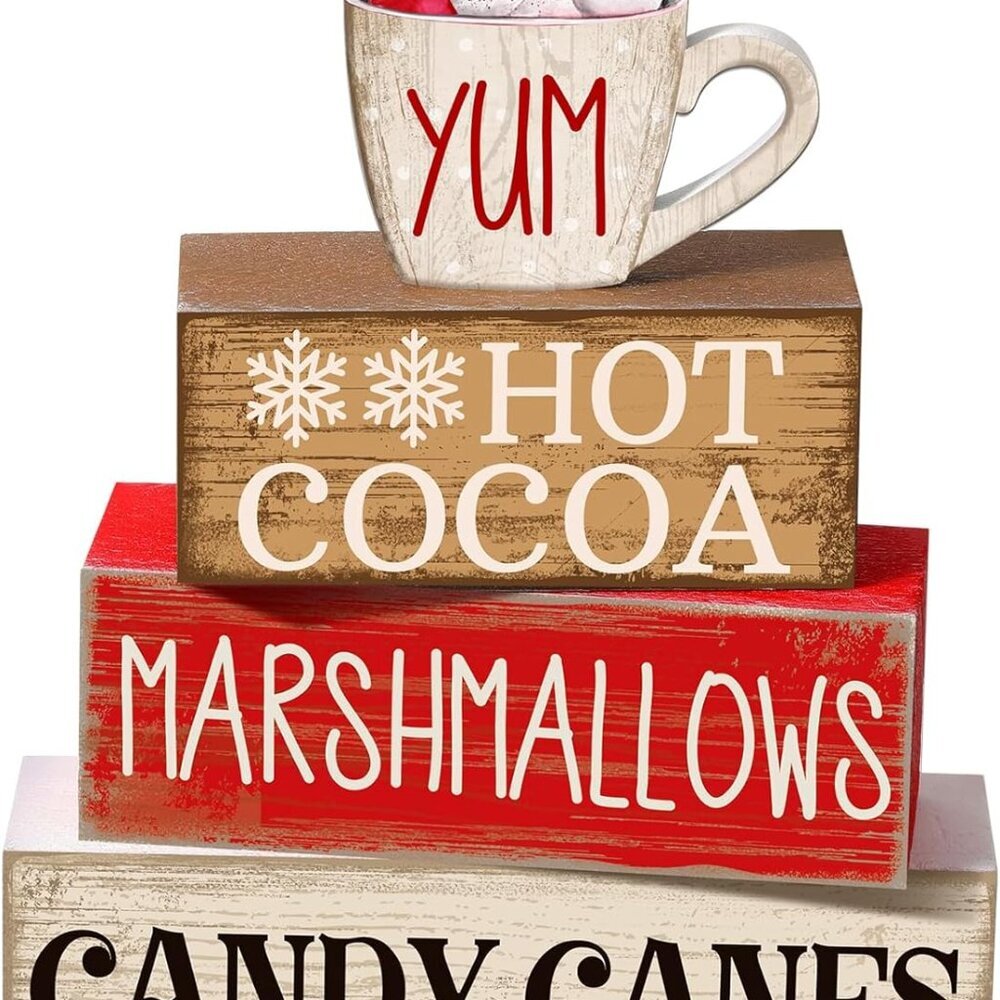 4 Pcs Wooden Christmas Tabletop Decor Hot Cocoa Tiered Tray Decor Rustic Wood Ho